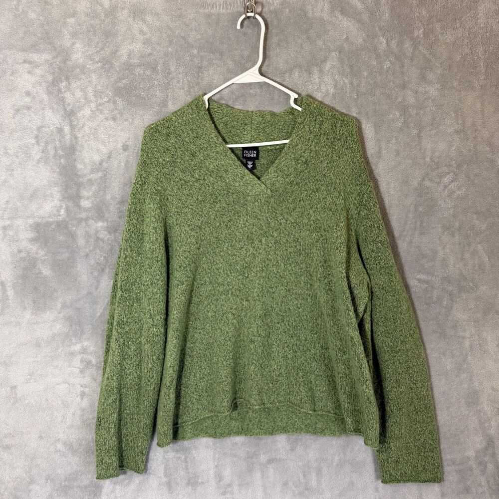 Eileen Fisher Women XL Green V Neck Merino Wool Blend Cozy Sweater READ